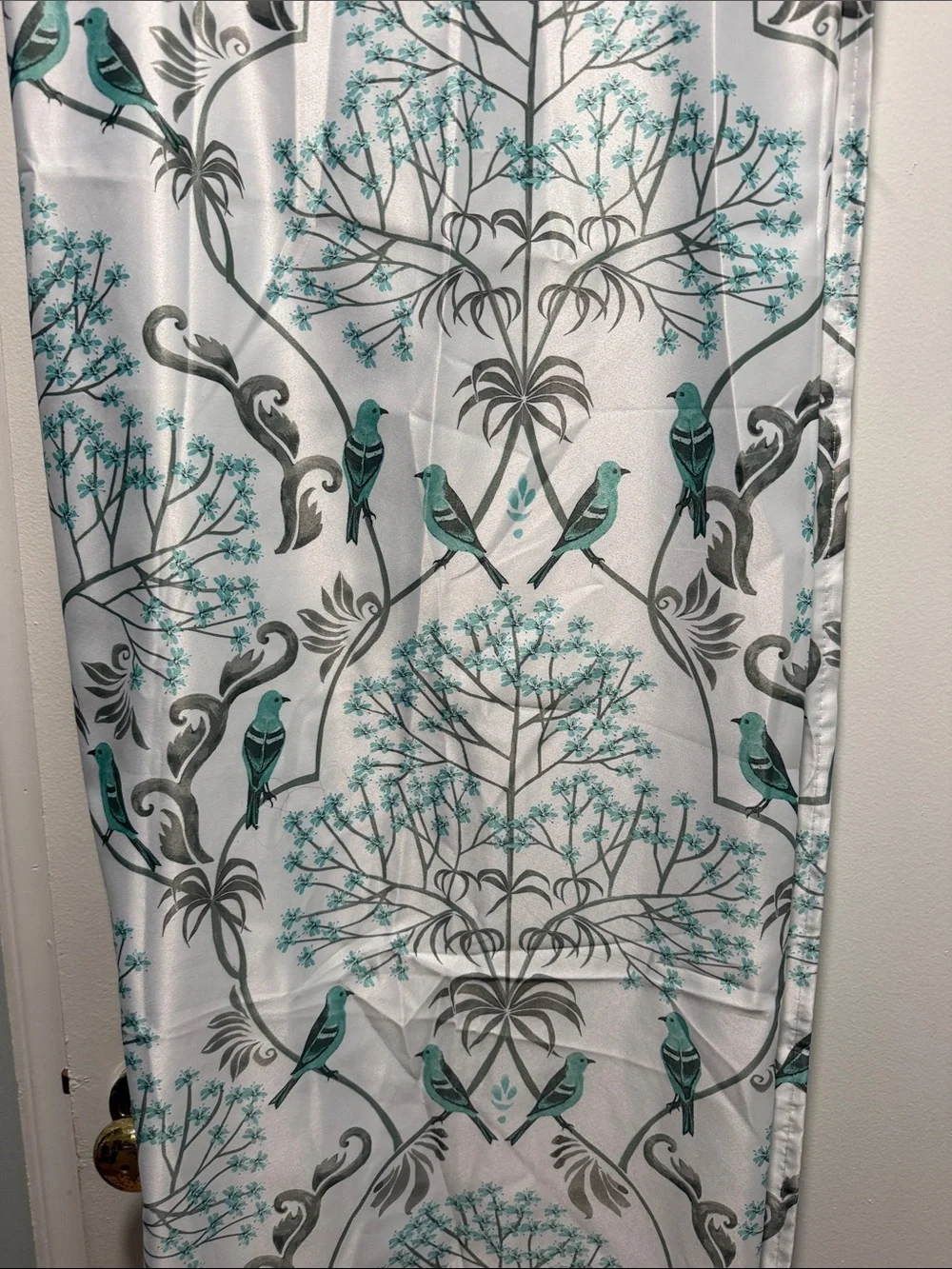 White Shower Curtain with Teal Bird & Gray Botanical Print